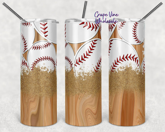 Woodgrain & Dirt Baseball 20oz Skinny Tumbler Grape Vine Wholesale